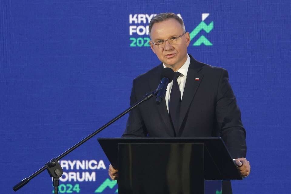 Prezydent RP Andrzej Duda w drugim dniu Krynica Forum 2024 ph. "Empowering the Region" / autor: PAP/Grzegorz Momot