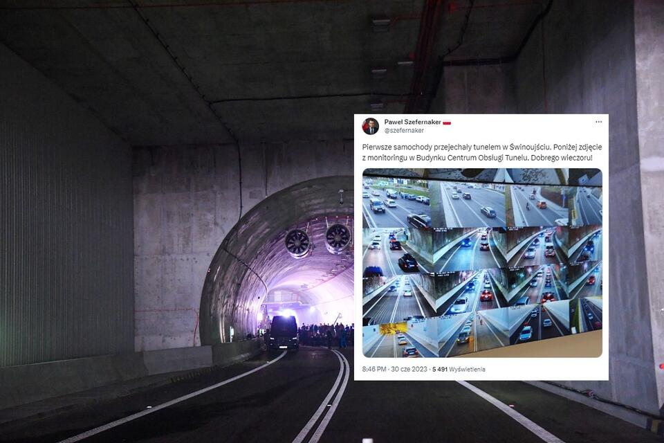 Na zdj. głównym przygotowania do otwarcia tunelu pod Świną; w miniaturze zdjęcie z monitoringu z przejazdu pierwszych samochodów / autor: PAP/Marcin Bielecki; Twitter/Paweł Szefernaker