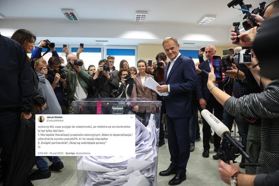 Na zdj. lider PO Donald Tusk oddaje głos w wyborach parlamentarnych / autor: PAP/Leszek Szymański; X/Jakub Medek