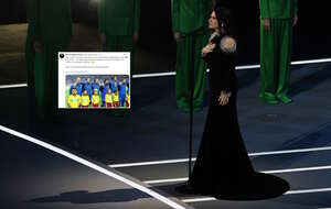 Na zdjęciu Laura Pausini oraz wpis Marka Magierowskiego (screen z X) / autor: PAP/EPA/X-Marek Magierowski (screen)