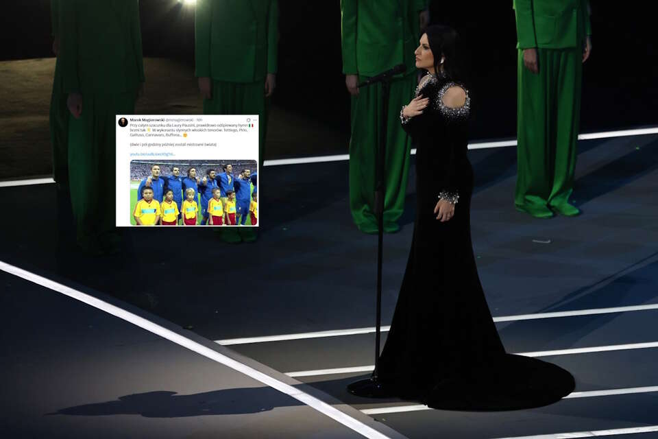 Na zdjęciu Laura Pausini oraz wpis Marka Magierowskiego (screen z X) / autor: PAP/EPA/X-Marek Magierowski (screen)