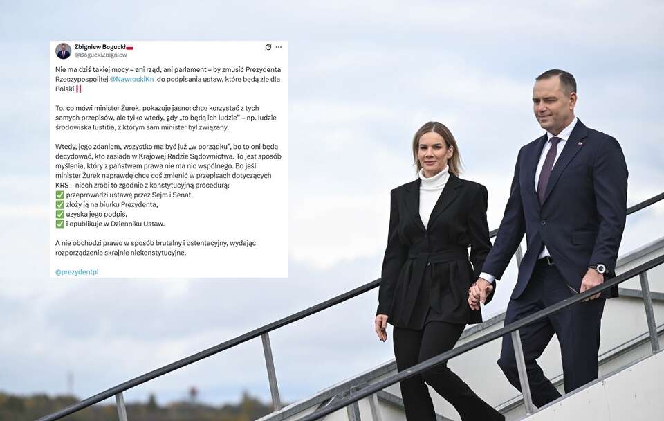 Prezydent RP Karol Nawrocki z małżonką Martą Nawrocką; w miniaturze wpis szefa KPRP Zbigniewa Boguckiego / autor: PAP/Radek Pietruszka, X/Zbigniew Bogucki