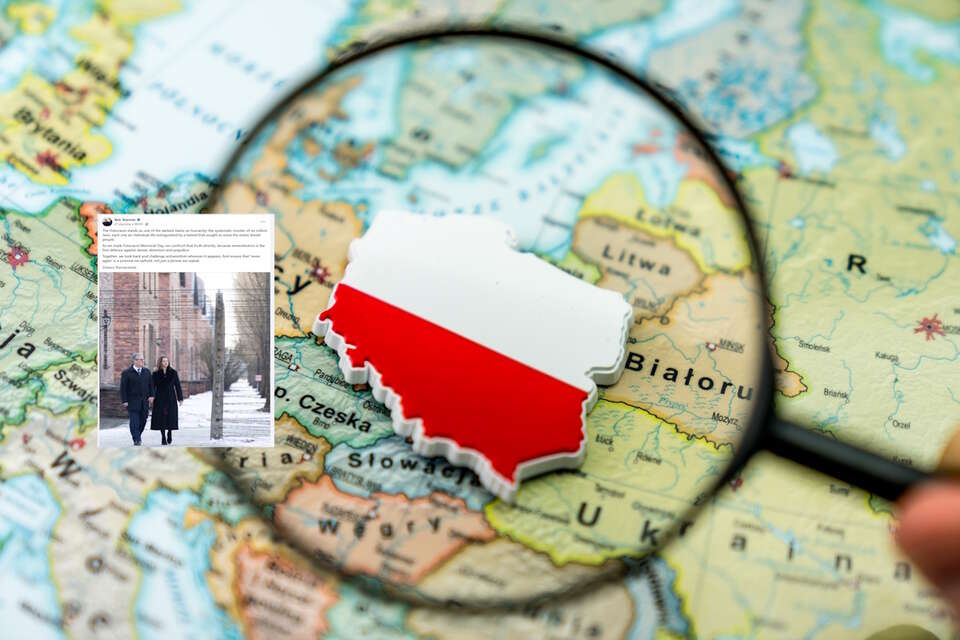 Nieoficjalna wizyta brytyjskiego premiera w Polsce. Keir Starmer wraz z małżonką przyjechał do miejscowości w Wielkopolsce. Na zdjęciu Starmerowie podczas obchodów dnia pamięci o Holokauście, w tle grafika ilustracyjna - Polska na mapie Europy / autor: Fratria/Fb-Keir Starmer (screen)