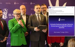 W uchwale NZD "Iustitia" zgadza się, by sędziowie startowali w wyborach do KRS na obecnych zasadach, określonych w zmienionej za PiS ustawie z 2011 r. Uchwałę odczytał prezes Bartłomiej Przymusiński. / autor: Telewizja wPolsce24/X