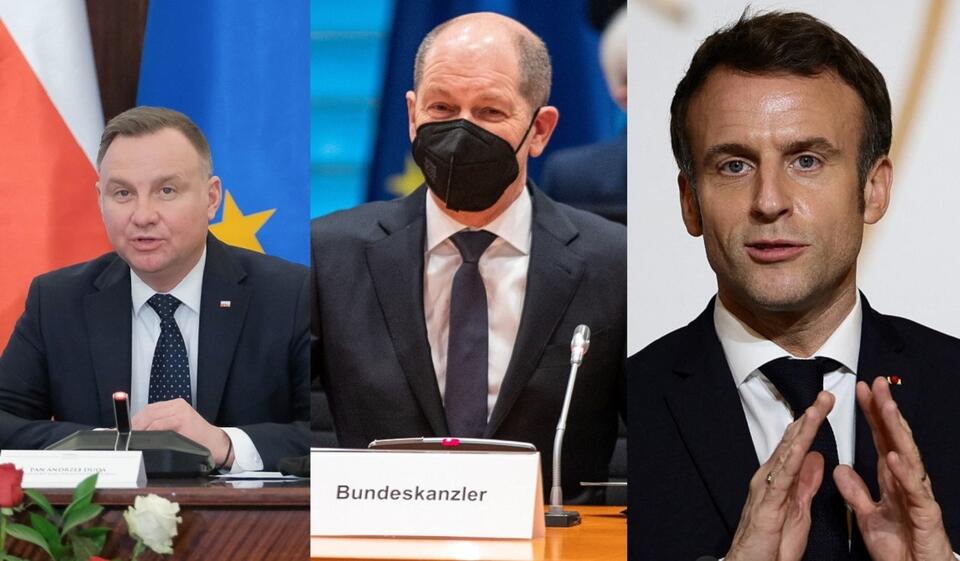 Prezydent Andrzej Duda/kanclerz Olaf Scholz/prezydent Emmanuel Macron / autor: PAP/Mateusz Marek/PAP/EPA/PAP/EPA