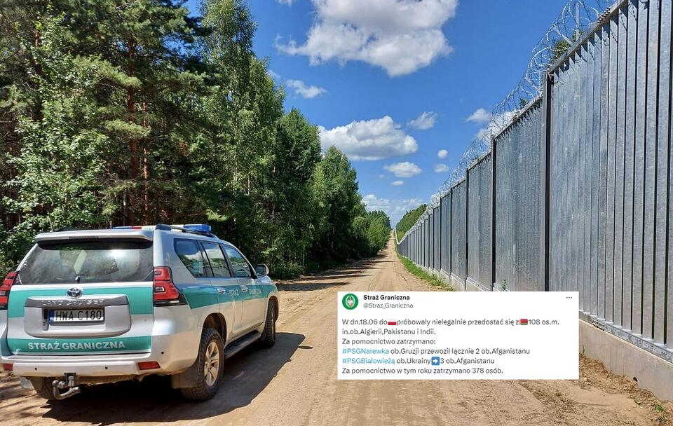 Zapora na granicy z Białorusią i patrol Straży Granicznej / autor: Twitter/Straż Graniczna