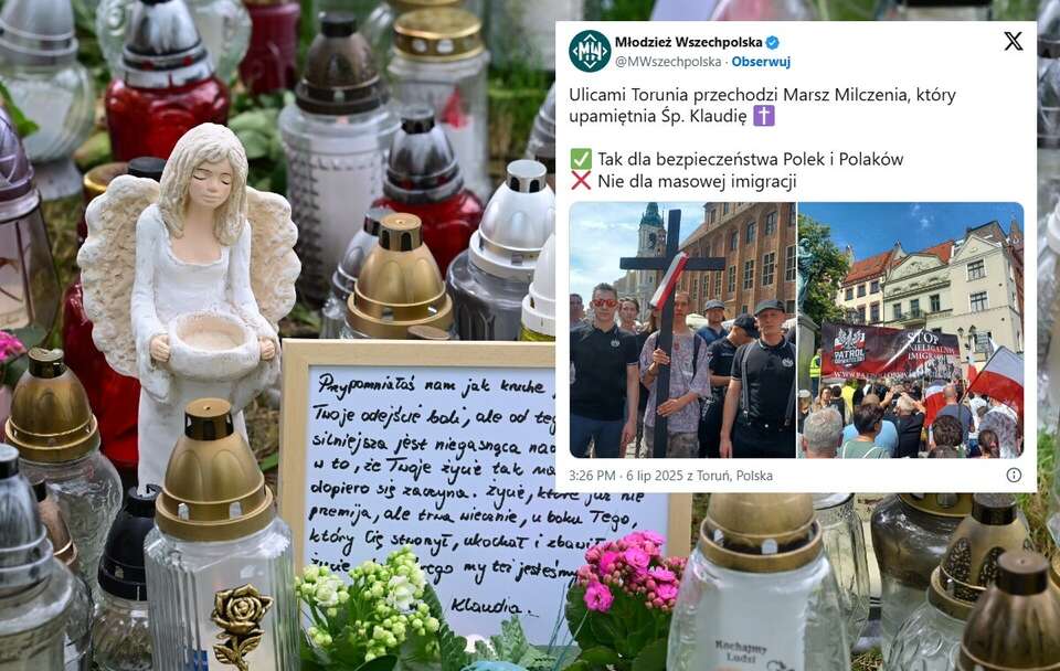Kwiaty i znicze przyniesione przez uczestników Marszu Milczenia w Toruniu / autor: PAP/Tytus Żmijewski/X