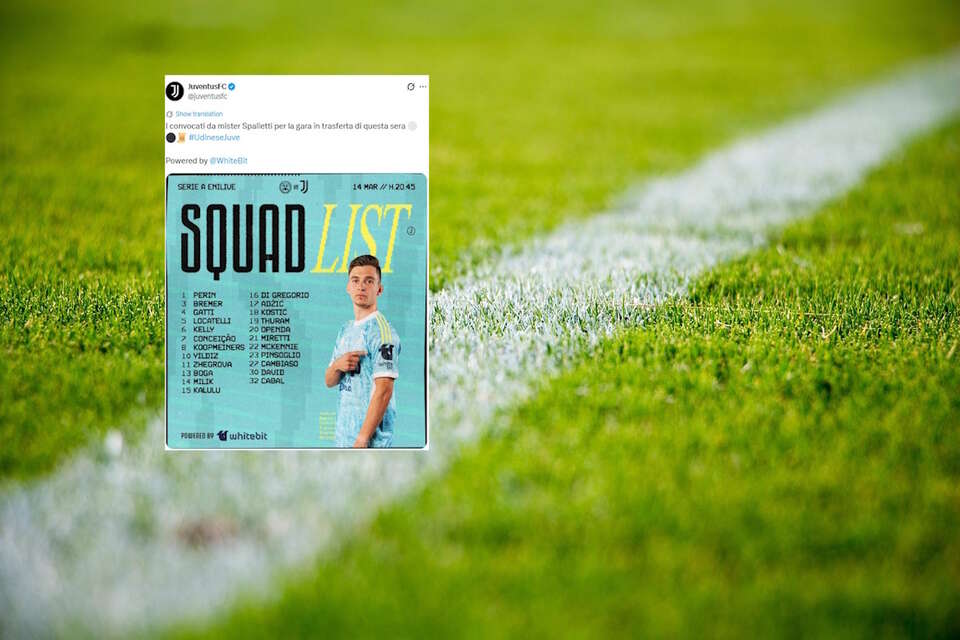 Na zdjęciu biała linia na boisk piłkarskim oraz wpis Juventusu (screen z X) / autor: pixabay.com/X-JuventusFC (screen)