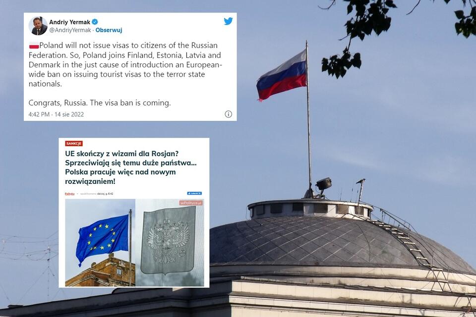 W tle - rosyjska flaga nad ambasadą FR w Warszawie / autor: Fratria/Twitter/wPolityce.pl