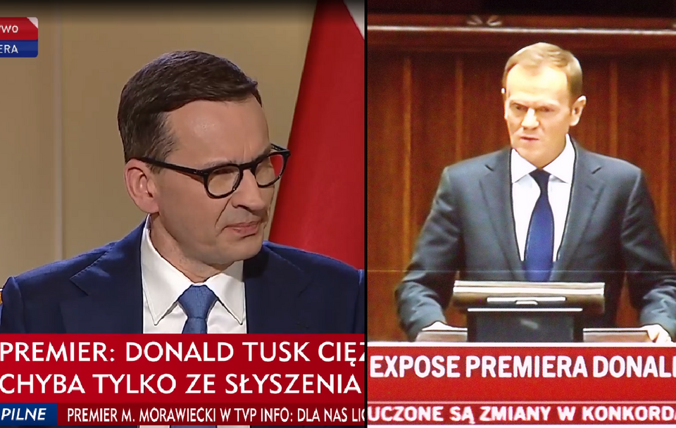 Premier Mateusz Morawiecki w TVP; archiwalne zdjęcie z expose Donalda Tuska / autor: TVP Info/Fratria/