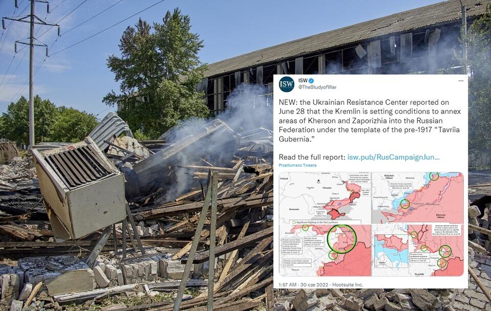 Zdjęcie w tle - zniszczenia na przedmieściach Charkowa po rosyjskim ostrzale / autor: PAP/EPA; Twitter/ISW