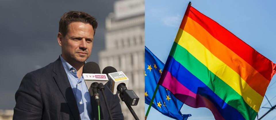 Rafał Trzaskowski; flaga LGBT / autor: Fratria