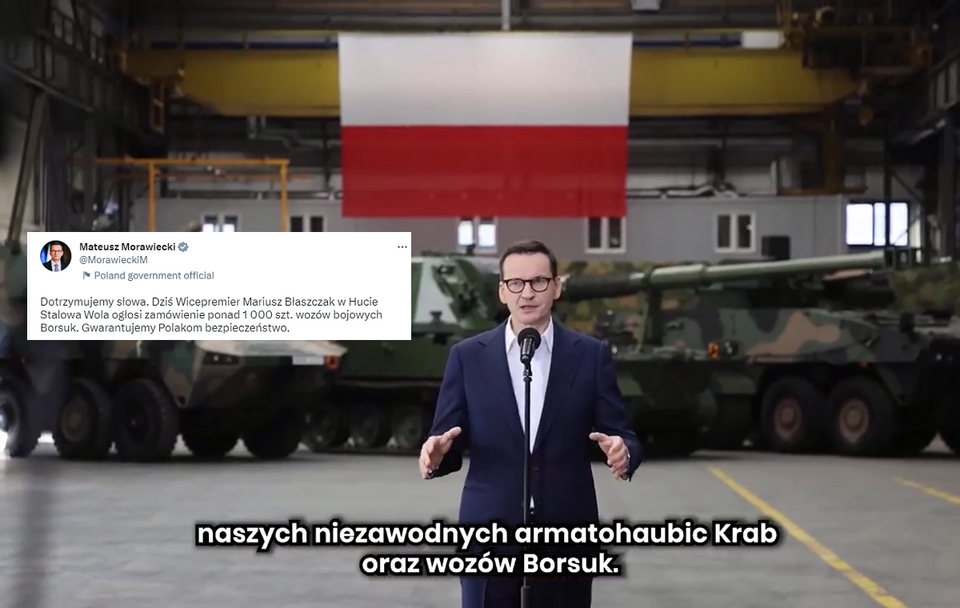 Premier Mateusz Morawiecki, w tle wozy bojowe Borsuk / autor: Facebook/Twitter/Mateusz Morawiecki