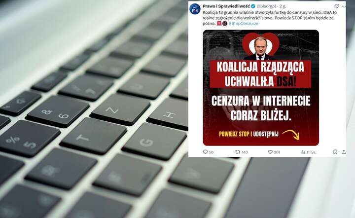 PiS opublikowało dziś na portalu X grafikę z hasłem „Cenzura w internecie coraz bliżej” / autor: Pixabay / X @pisorgpl - screen