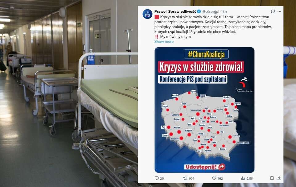Szpitalny korytarz/infografika PiS / autor: Fratria/X:@pisorgpl