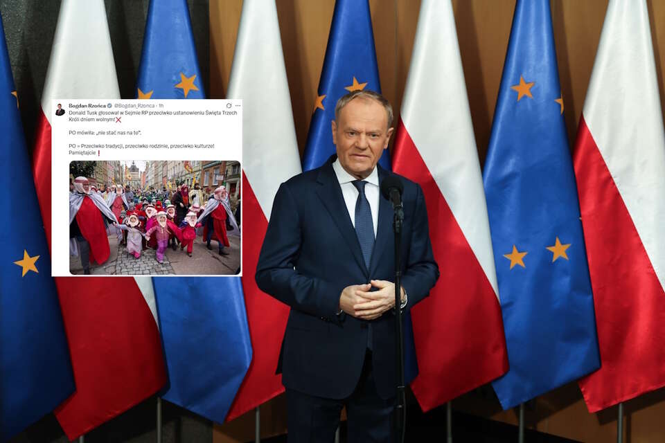 Europoseł Rzońca przypomniał: "Tusk głosował w Sejmie RP przeciwko ustanowieniu Święta Trzech Króli dniem wolnym!". Na zdjęciu Donald Tusk i wpis europosła PiS Bogdana Rzońcy na portalu X (screen) / autor: PAP/Albert Zawada/X-Bogdan Rzońca (screen)