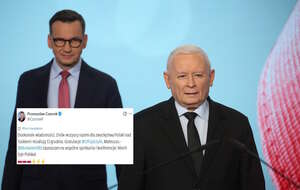 Na zdjęciu prezes PiS Jarosław Kaczyński i Mateusz Morawiecki podczas konferencji w prasowej w siedzibie PiS oraz wpis prof. Przemysława Czarnka (screen z X) / autor: PAP/Leszek Szymański/X-Przemysław Czarnek (screen)