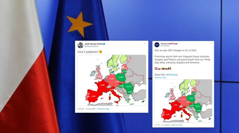 Flagi Polski i UE (zdjęcie ilustracyjne); grafika Business Insider Polska / autor: Fratria; Twitter