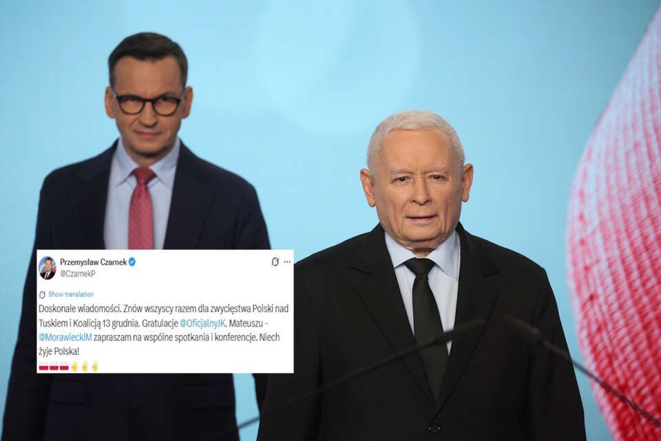 Na zdjęciu prezes PiS Jarosław Kaczyński i Mateusz Morawiecki podczas konferencji w prasowej w siedzibie PiS oraz wpis prof. Przemysława Czarnka (screen z X) / autor: PAP/Leszek Szymański/X-Przemysław Czarnek (screen)