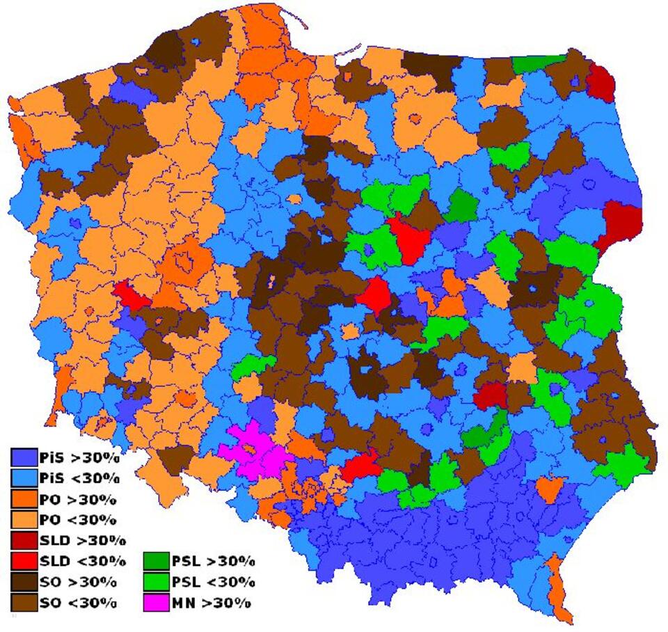 Mapa wyników wyborów z 2005 roku. Fot. wPolityce.pl