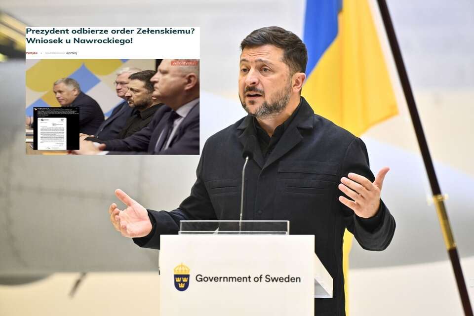 Zełenski podczas konferencji prasowej w Szwecji oraz artykuł portalu wPolityce / autor: PAP/EPA/wPolityce.pl (screen)