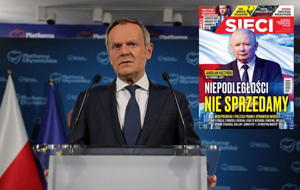 Lider PO Donald Tusk; okładka najnowszego wydania tygodnika Sieci / autor: PAP/Wojciech Olkuśnik/Sieci