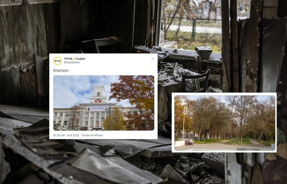 W tle zniszczone mieszkanie w obwodzie chersońskim / autor: PAP/EPA; Twitter/TPYXA