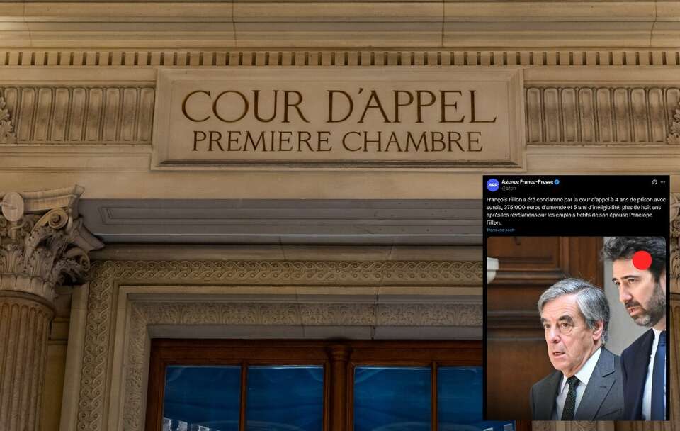 Główne wejście do sądu w Paryżu; François Fillon  / autor: PAP/EPA/CHRISTOPHE PETIT TESSON/X