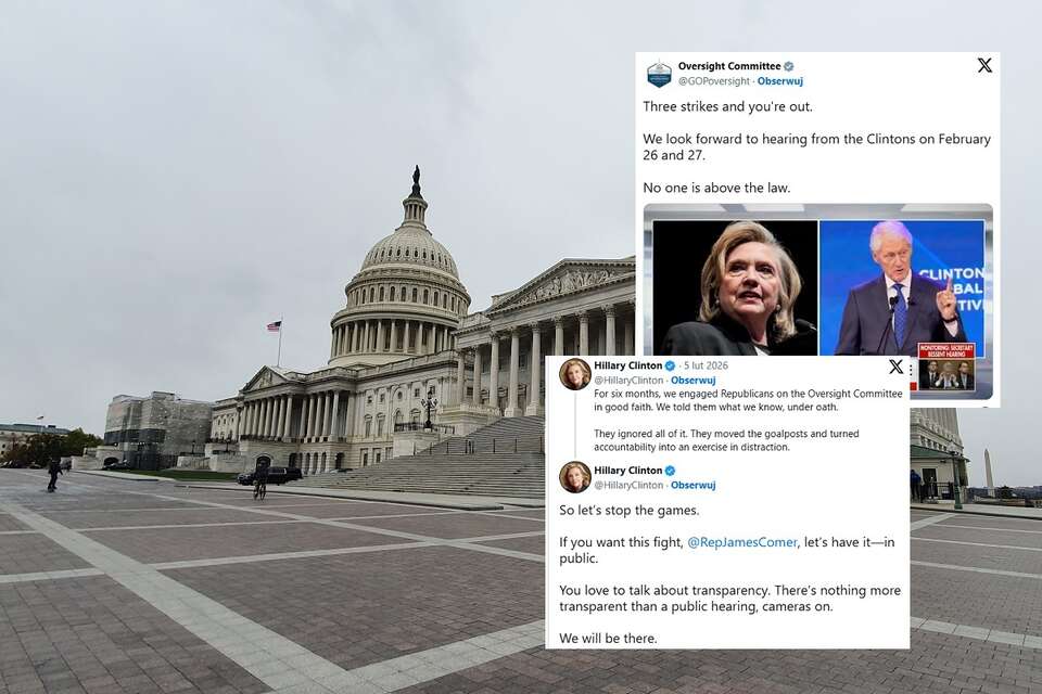 Na zdjęciu Kapitol w Waszyngtonie, pełniący funkcję siedziby Kongresu USA; w miniaturze wpisy komisji nadzoru i Hillary Clinton w serwisie X dot. przesłuchań ws. Epsteina / autor: Fratria/X
