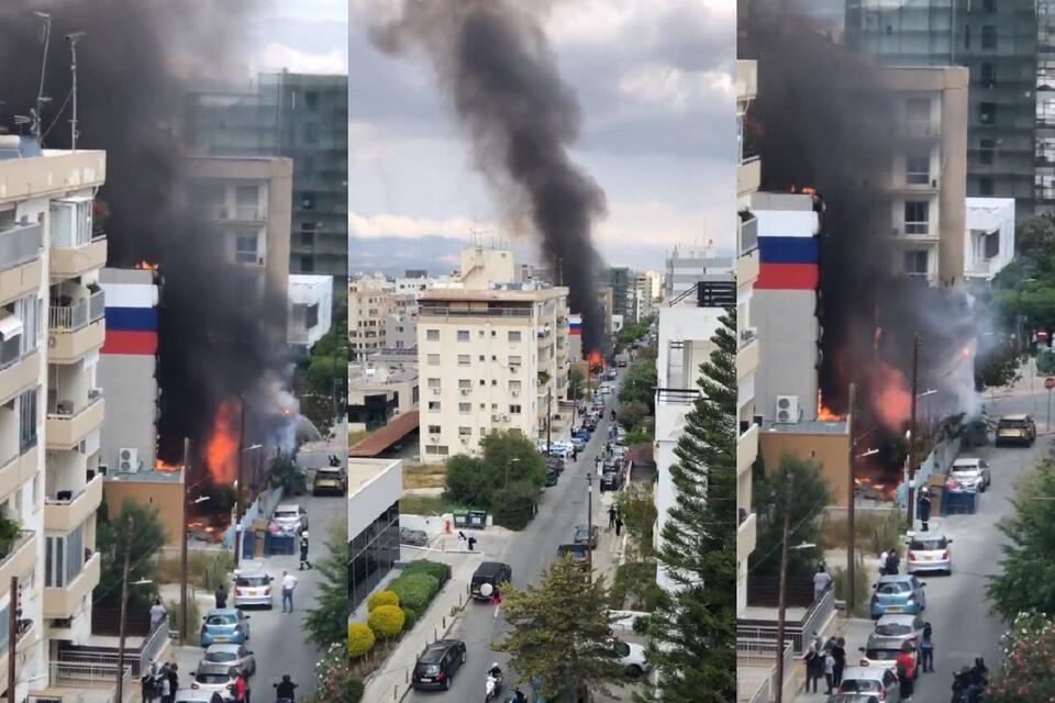 Pożar siedziby Rosyjskiego Centrum Nauki i Kultury w Nikozji / autor: screenshot TT Biełsat 