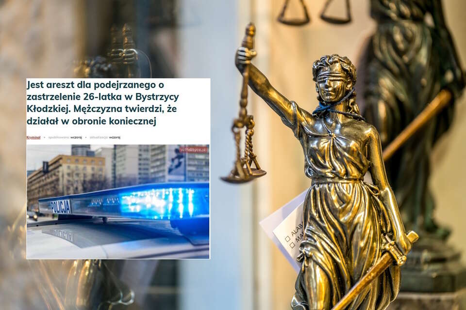 Na zdjęciu figurka Temidy oraz artykuł portalu wPolityce.pl (screen) / autor: Fratria/wPolityce.pl