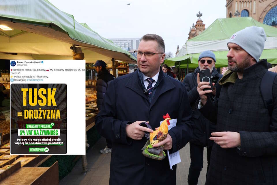 Na zdjęciu prof. Przemysław Czarnek na rynku przy Hali Targowickiej w Warszawie oraz wpis PiS (screen z X) / autor: PAP/Paweł Supernak/X-PiS (screen)