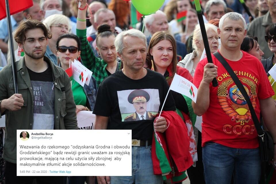 W tle - wiec poparcia dla Łukaszenki w Grodnie / autor: PAP/EPA; Twitter