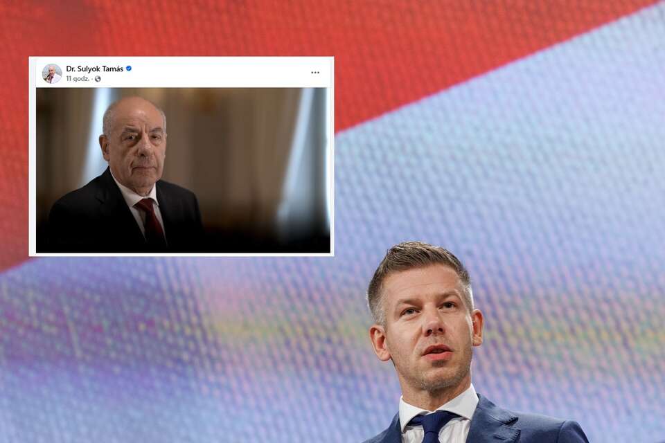 Na zdjęciu premier Węgier Peter Magyar, w miniaturze nagrania prezydenta Tamasa Sulyoka / autor: PAP/EPA, Facebook/Dr. Sulyok Tamás  