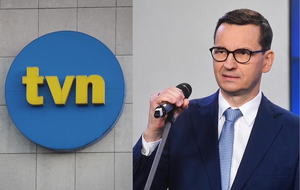 Logo stacji TVN; premier Mateusz Morawiecki na konferencji prasowej w siedzibie PiS / autor: Fratria; PAP/Radek Pietruszka