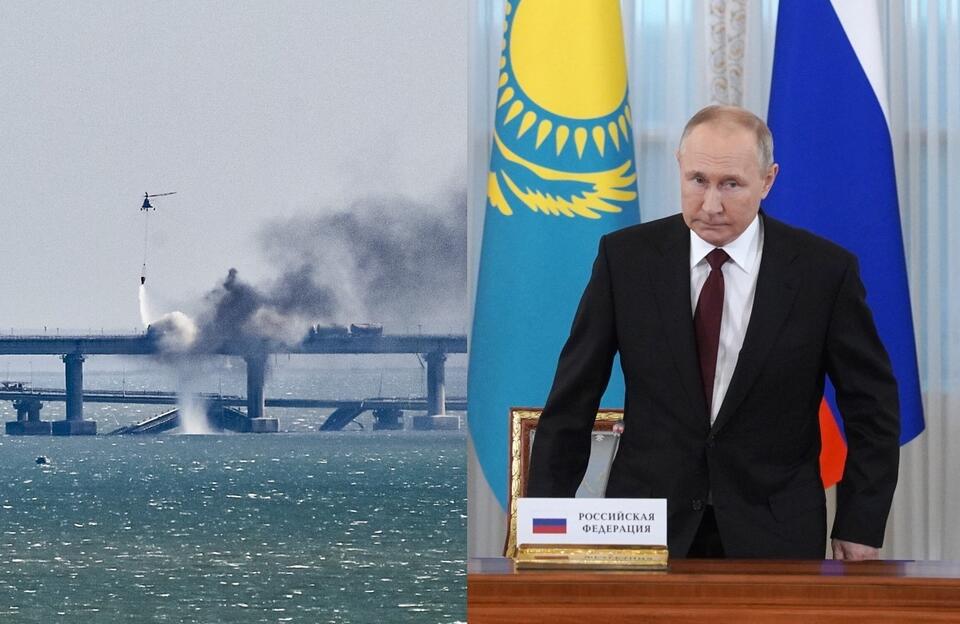 Gaszenie pożaru po wybuchu na Moście Krymskim; Władimir Putin / autor: PAP/EPA/STRINGER; PAP/EPA/ALEXEI DANICHEV / SPUTNIK / KREMLIN POOL