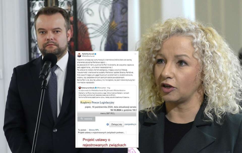 Rzecznik PiS Rafał Bochenek, minister Katarzyna Kotula (Lewica) / autor: PAP/Tomasz Gzell, Fratria, X