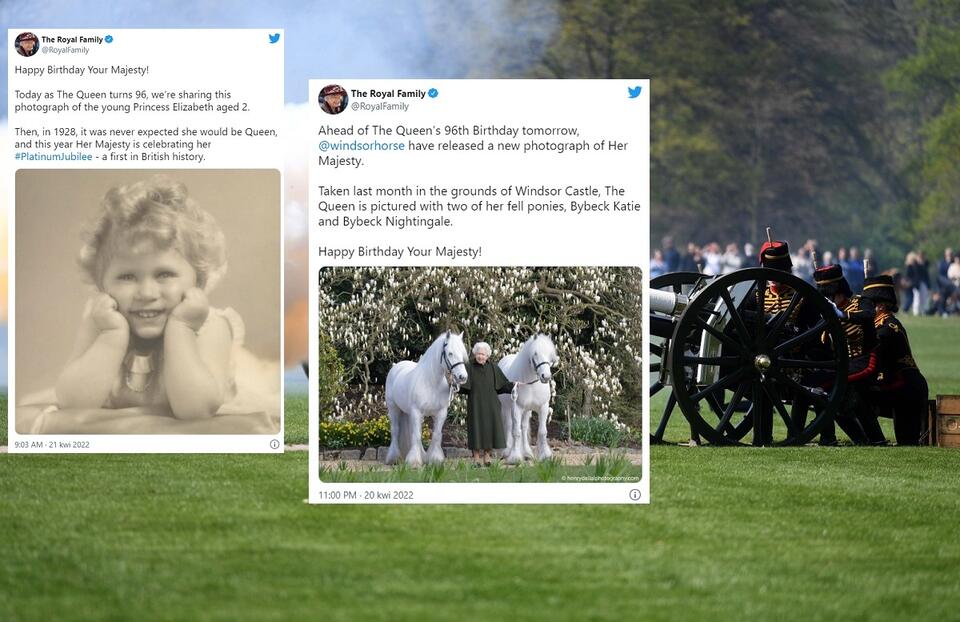 W tle - salut z czterdziestu jeden dział wystrzelony przez Królewską Artylerię Konną, aby uczcić urodziny brytyjskiej królowej Elżbiety w Hyde Parku w Londynie / autor: PAP/EPA; Twitter/The Royal Family