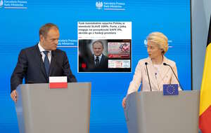 Na zdjęciu Donald Tusk, Ursula von der Leyen oraz artykuł portalu wPolityce (screen) / autor: Fratria/wPolityce