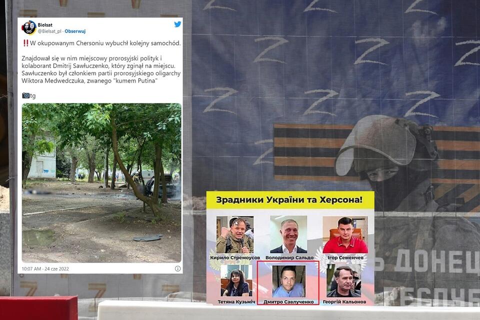 W tle - rosyjski plakat prowojenny z literami Z i V / autor: PAP/EPA; Twitter
