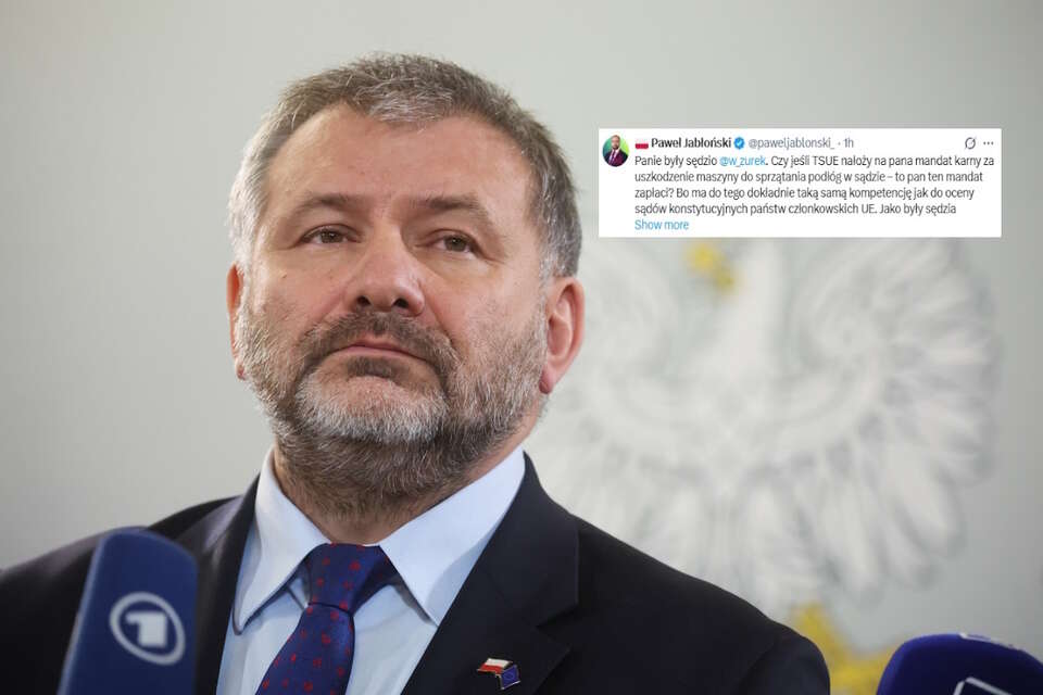 TSUE uderzyło w Polskę orzeczeniem, iż Trybunał Konstytucyjny nie spełnia wymogów niezawisłości. Na zdjęciu minister sprawiedliwości Waldemar Żurek i wpis posła PiS Pawła Jabłońskiego (screen z X) / autor: PAP/Leszek Szymański/X-Paweł Jabłoński (screen z X)