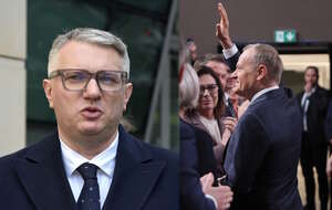 Przemysław Wipler (Konfederacja) i premier Donald Tusk (KO) / autor: Fratria, 	PAP/Leszek Szymański