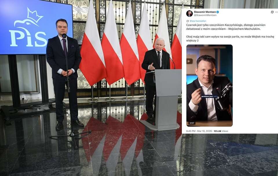 Prezes PiS Jarosław Kaczyński na konferencji z rzecznikiem Rafałem Bochenkiem. W miniaturce: nagranie Sławomira Mentzena / autor: PAP/Marcin Obara/X:@SlawomirMentzen