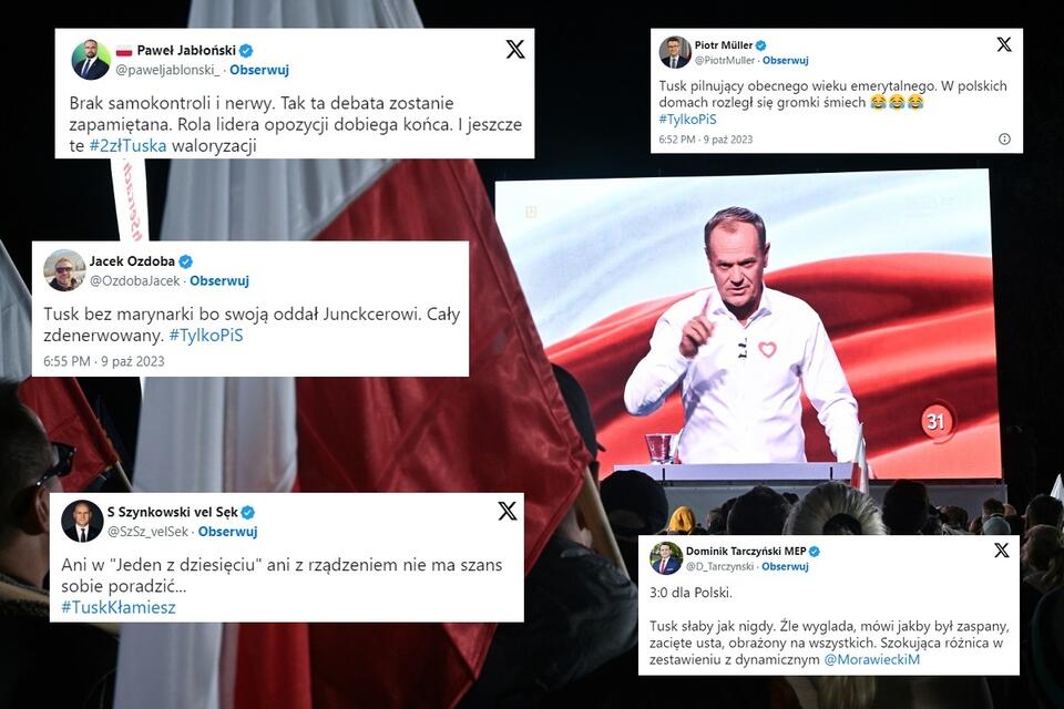 Lider PO Donald Tusk w debacie wyborczej w TVP / autor: PAP/Radek Pietruszka; X (Twitter)