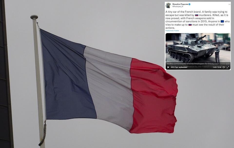 Flaga Francji; Wpis doradcy prezydenta Ukrainy Mychajło Podolaka / autor: Fratria; Twitter/Михайло Подоляк (screenshot) 