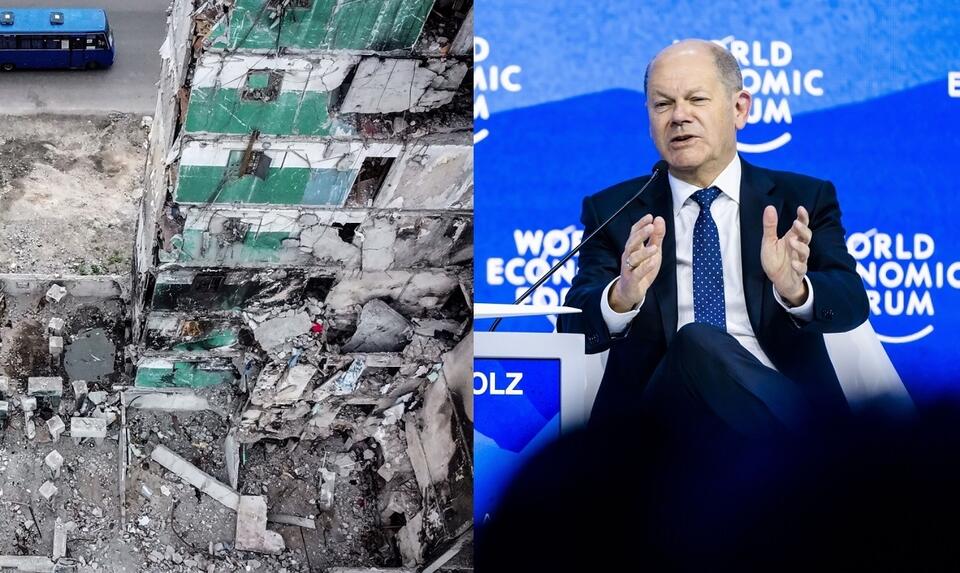 Borodzianka, blok mieszkalny zniszczony wskutek rosyjskich ostrzałów/Kanclerz Niemiec Olaf Scholz na Forum Ekonomicznym w Davos / autor: PAP/EPA
