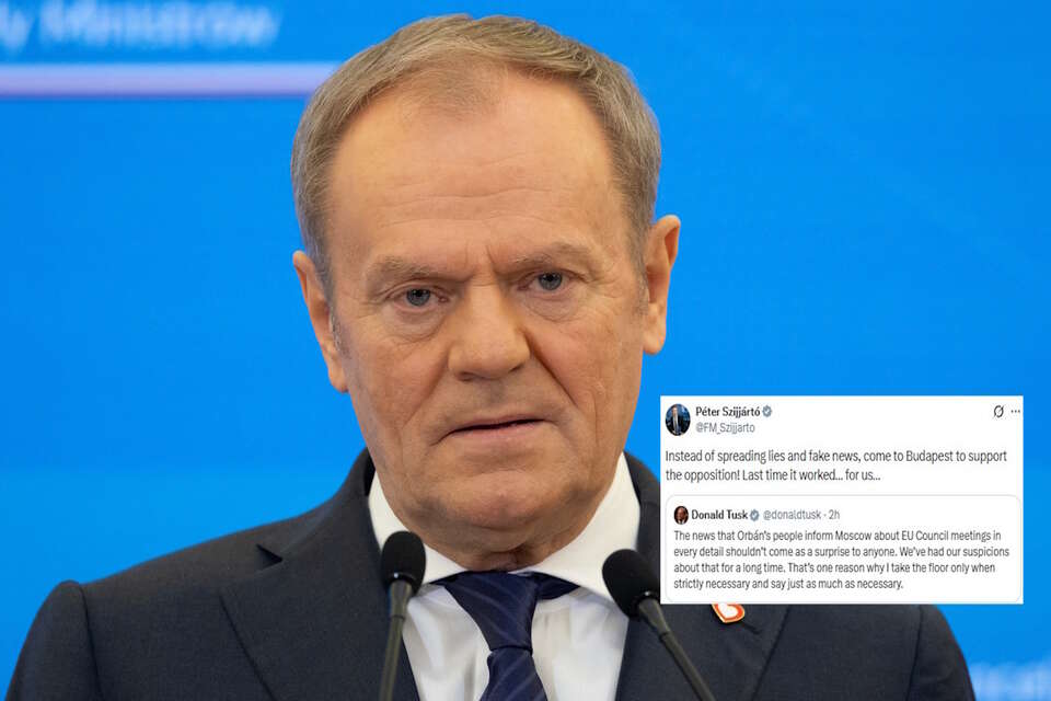 Na zdjęciu Donald Tusk oraz wpis szefa MSZ Węgier Petera Szijjarto (screen z X) / autor: Fratria/X-Peter Szijjarto (screen)
