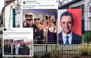 W tle plakat wyborczy Rafała Trzaskowskiego z kampanii do wyborów prezydenckich w 2025 roku / autor: Fratria/X