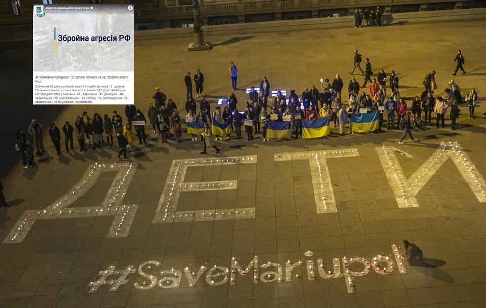 Mieszkańcy Pragi wyrażają solidarność z mieszkańcami Mariupola. Jest widoczny napis "dzieci" / autor: PAP/EPA/MARTIN DIVISEK/Facebook
