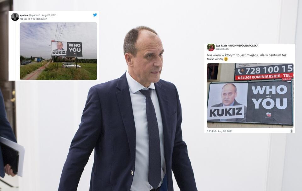 Paweł Kukiz i zdjęcia przedstawiające hejterskie plakaty / autor: Fratria/Twitter